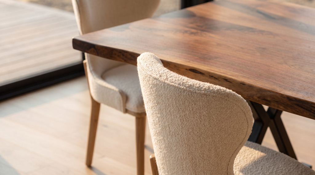 A cream boucle chair back pulled up against the edge of a walnut slab table and its black steel base