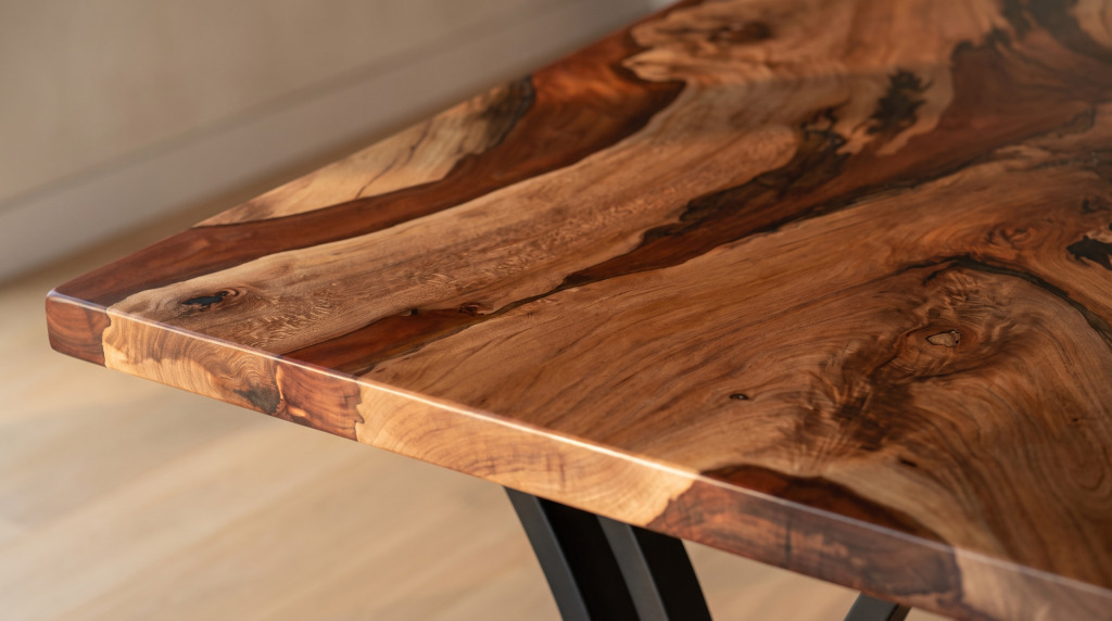 Close-up of the natural live edge of a walnut slab table with its figure and color running to the rim