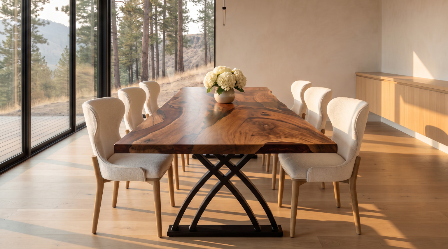 A live-edge walnut slab table seen end on, showing the crossed black steel base and the natural edge