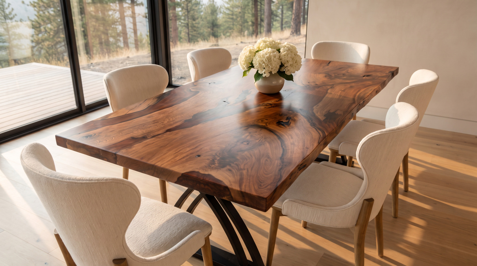 A close three-quarter view of a live-edge walnut table top showing dramatic figure and color