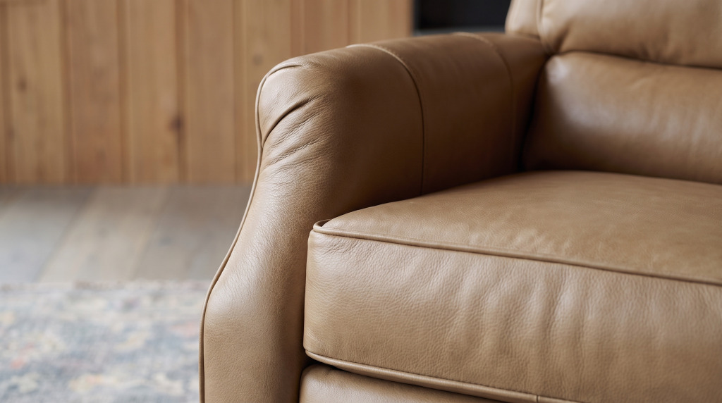 A close view of a welted corded seam following the rolled arm of a caramel leather chair