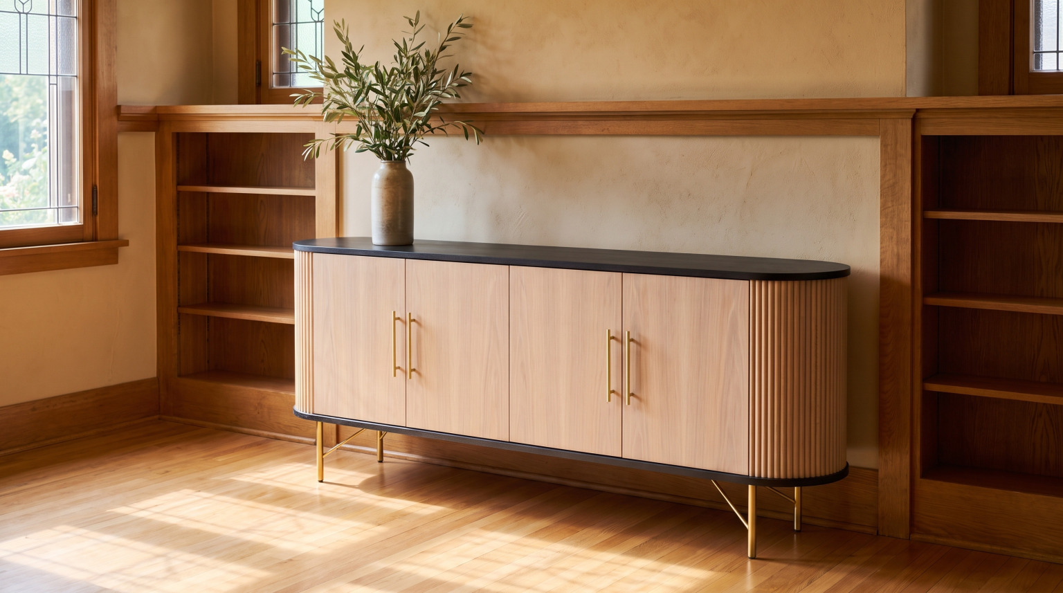 A curved fluted buffet in white oak with a black top and a slender pale gold base