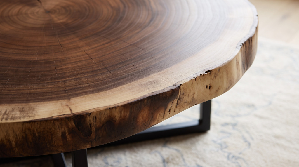 A close view of a round walnut slab top showing dark heartwood, pale sapwood and the natural bark edge