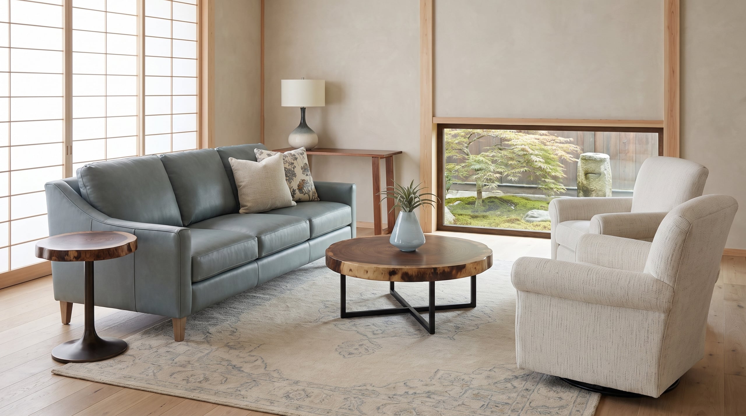 A calm living room with paper screens and a garden window, a gray-green leather sofa, cream swivel chairs and a round live-edge walnut coffee table