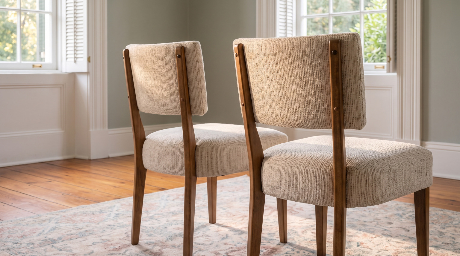 A pair of upholstered side chairs with oatmeal woven seats set in exposed brown maple frames