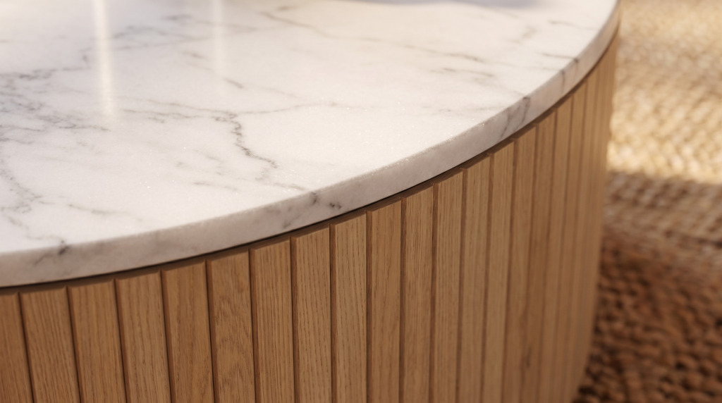 A close view of a gray-veined marble table edge meeting the vertical reeding of a light oak drum base