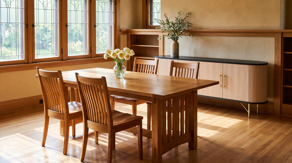 A Craftsman dining room with oak plate rail, art glass windows and a Mission trestle table in driftwood-stained quarter sawn white oak