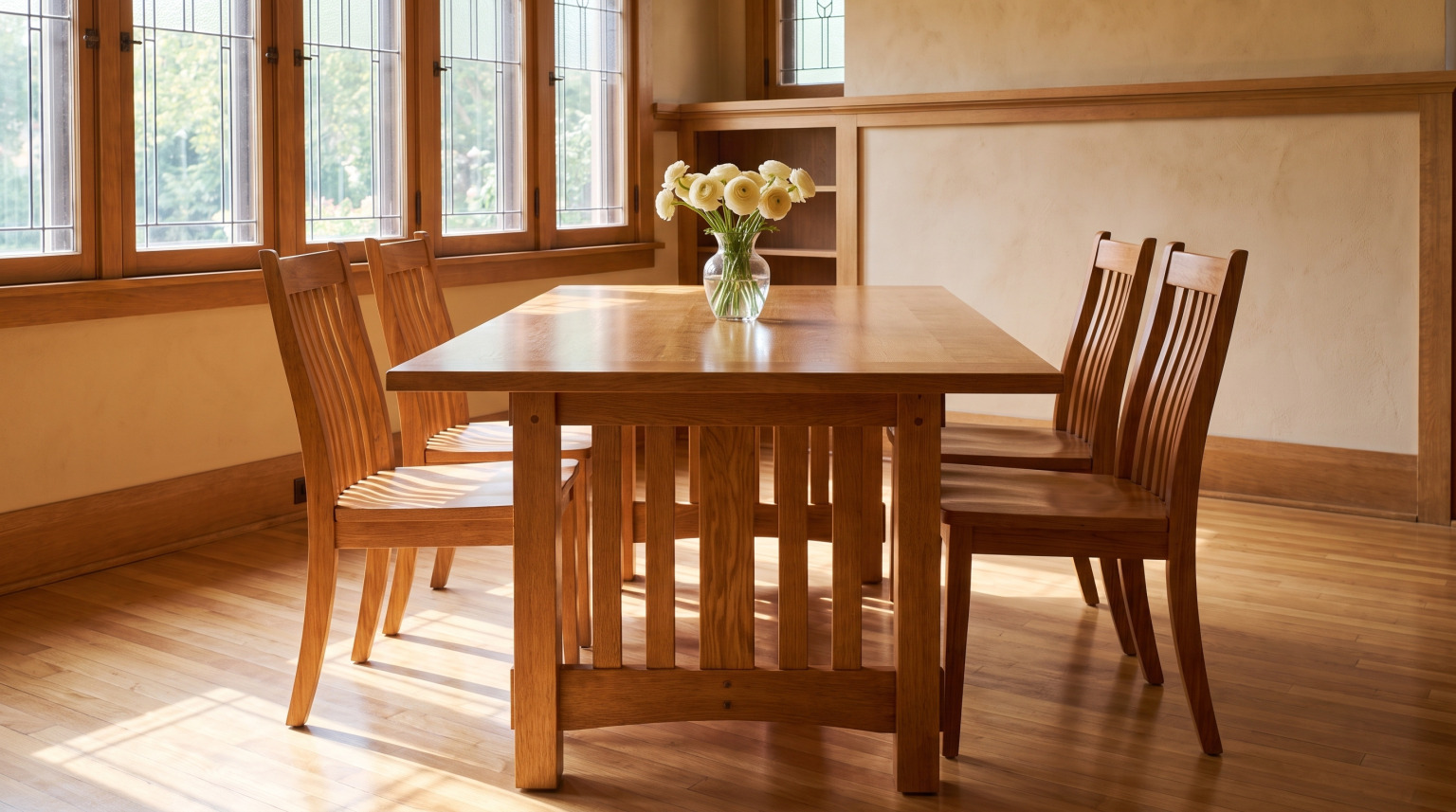 A Standard Mission trestle table in rustic quarter sawn white oak surrounded by slat-back dining chairs