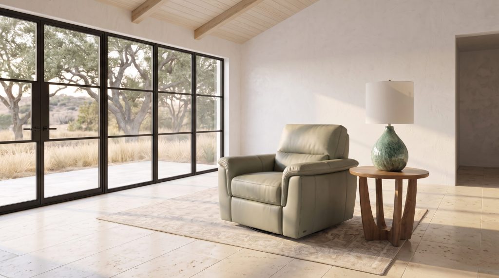 A sage green leather chair beside a small round oak end table with a ceramic lamp at a glass wall