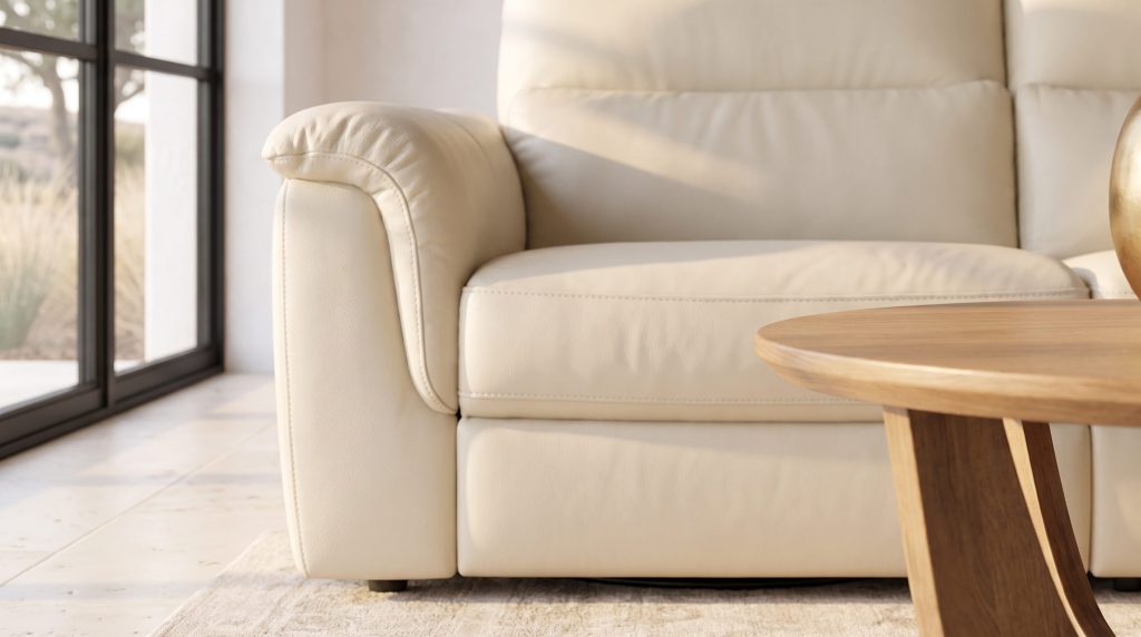 The arm of a cream leather sectional beside the sculptural oak base of a round coffee table