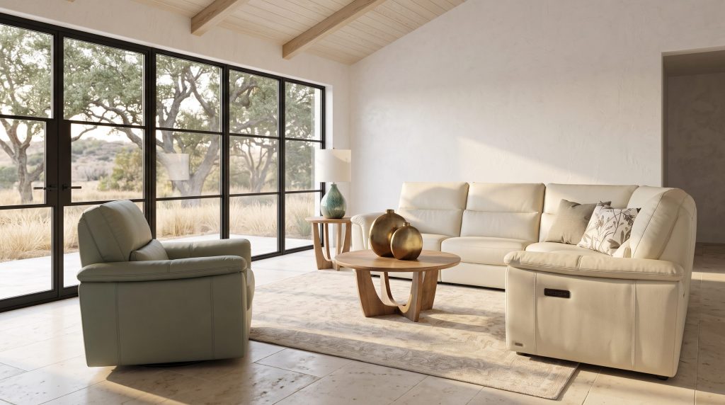 A sage green leather chair and cream leather reclining sectional on travertine in a white room with floor-to-ceiling glazing onto dry grassland