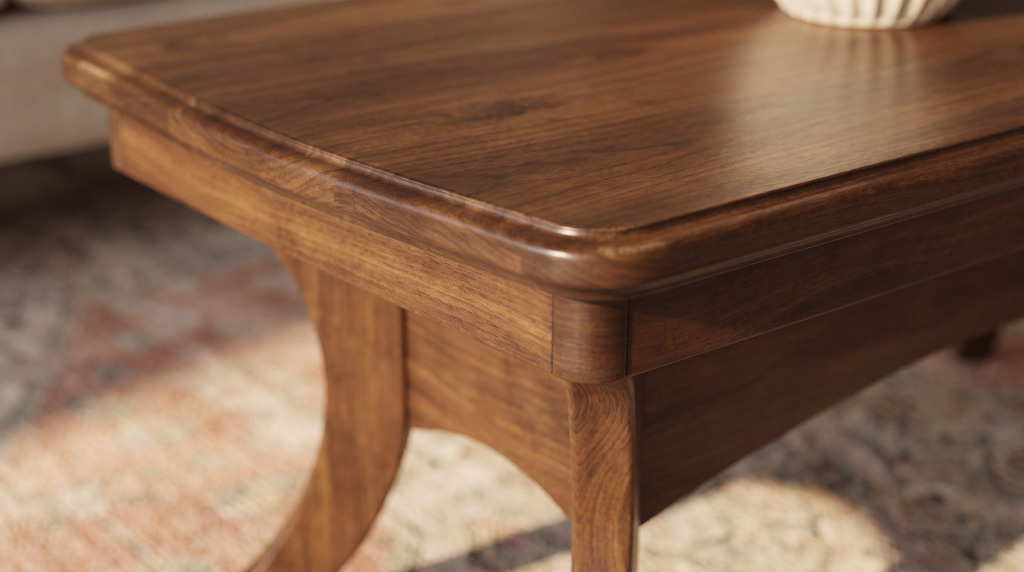 A close view of the molded edge and shaped leg of a brown maple coffee table in a low sheen almond finish