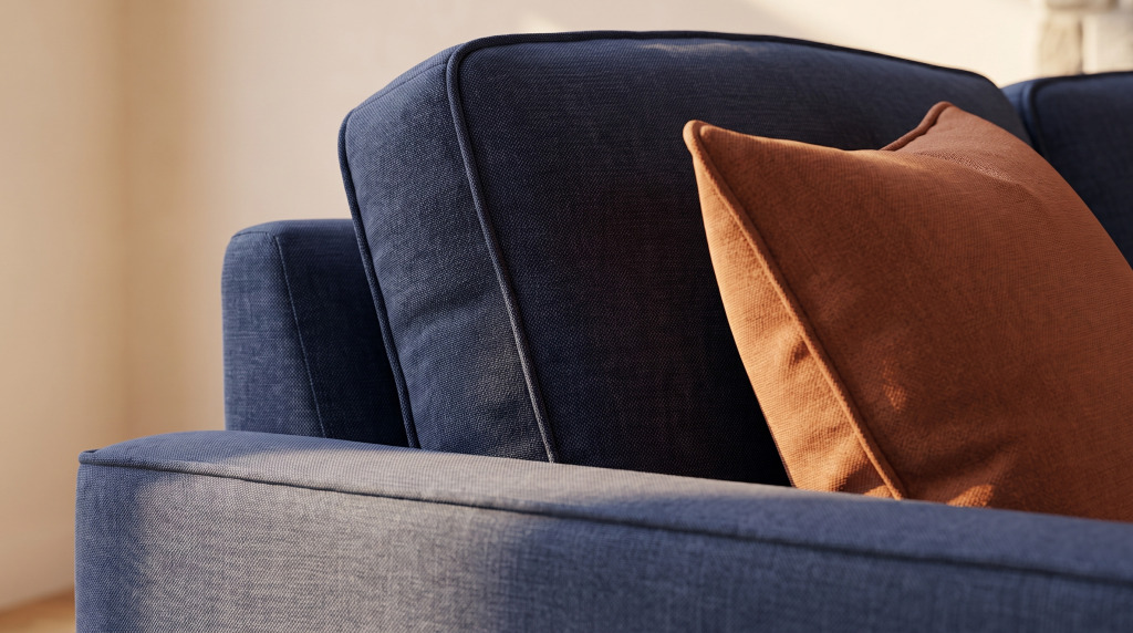 A close view of a rust pillow resting against the corner of a navy sofa