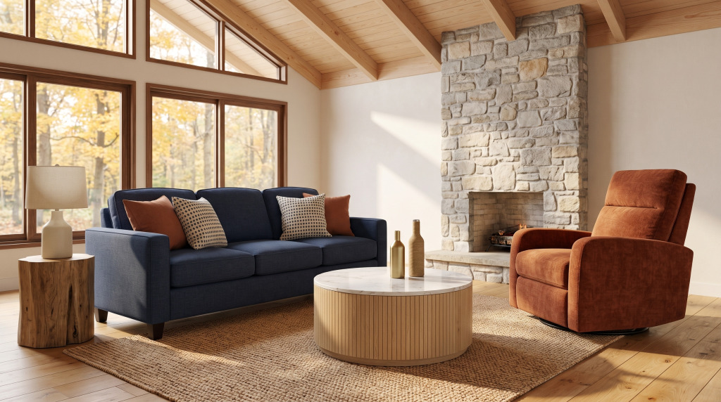A vaulted timber great room with a navy sofa, a rust swivel glider, a stone chimney and a gabled window wall looking into autumn woods