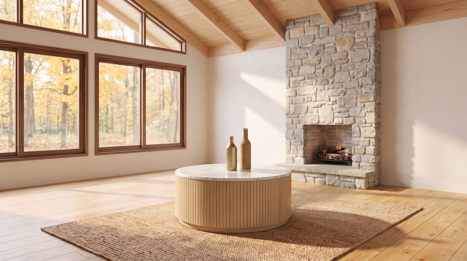 A round white marble-top coffee table on a fluted light oak drum base