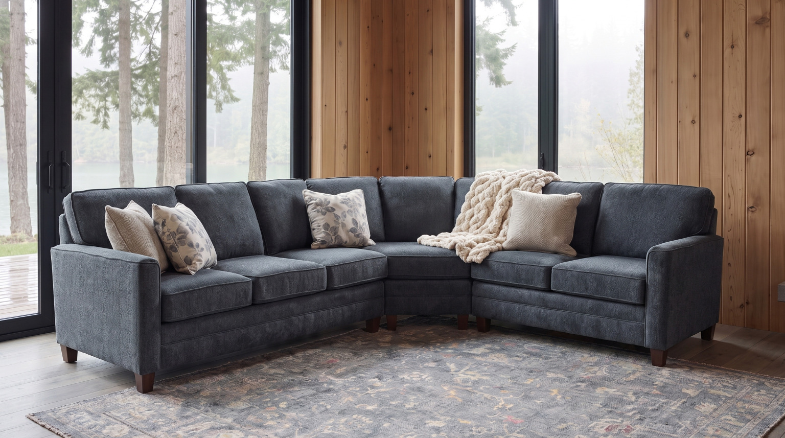 A charcoal corner sectional with a track arm and tapered wood legs, turned toward tall black-framed windows