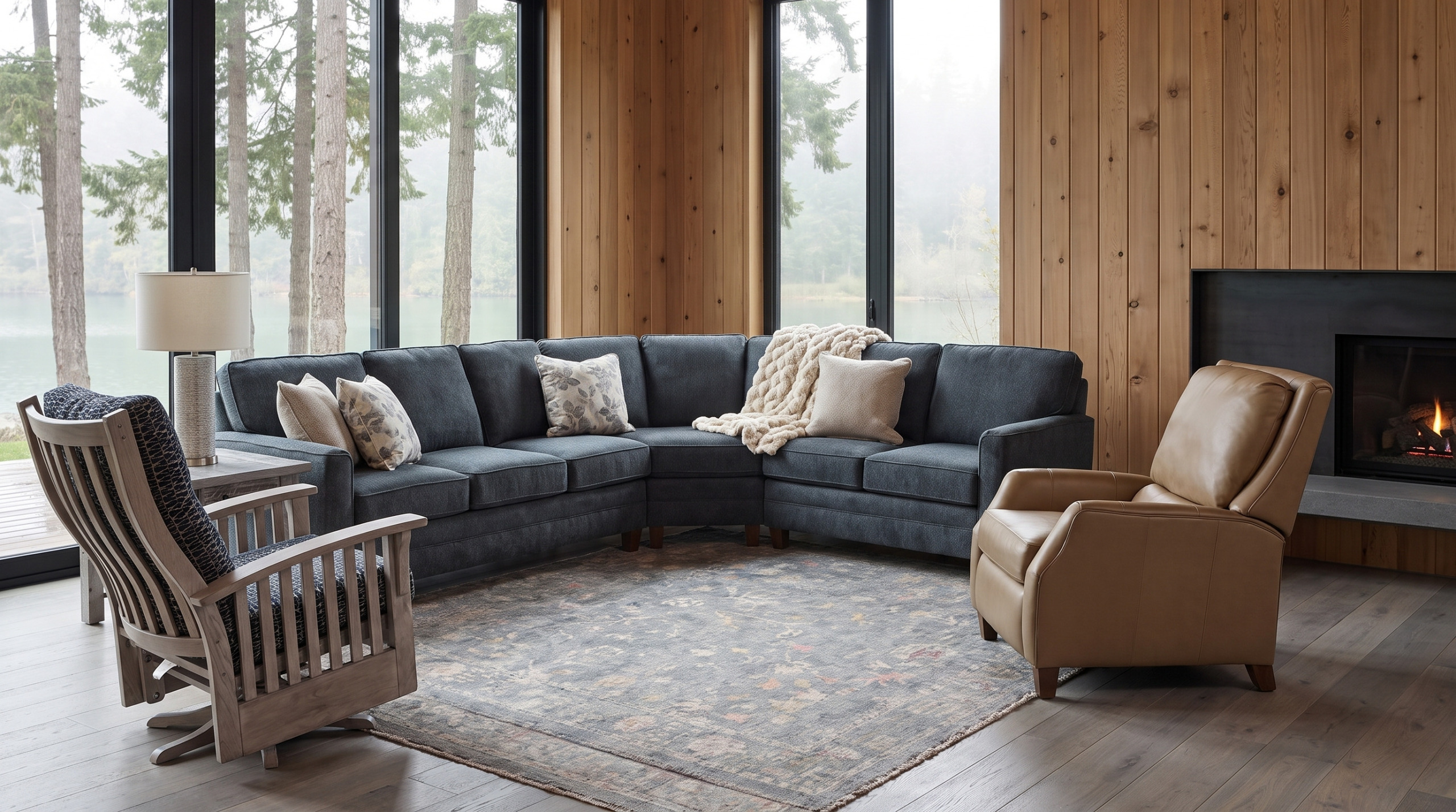 A cedar-clad lakeside living room with a charcoal sectional, a striped slat-back swivel glider and a caramel leather recliner by a black fireplace