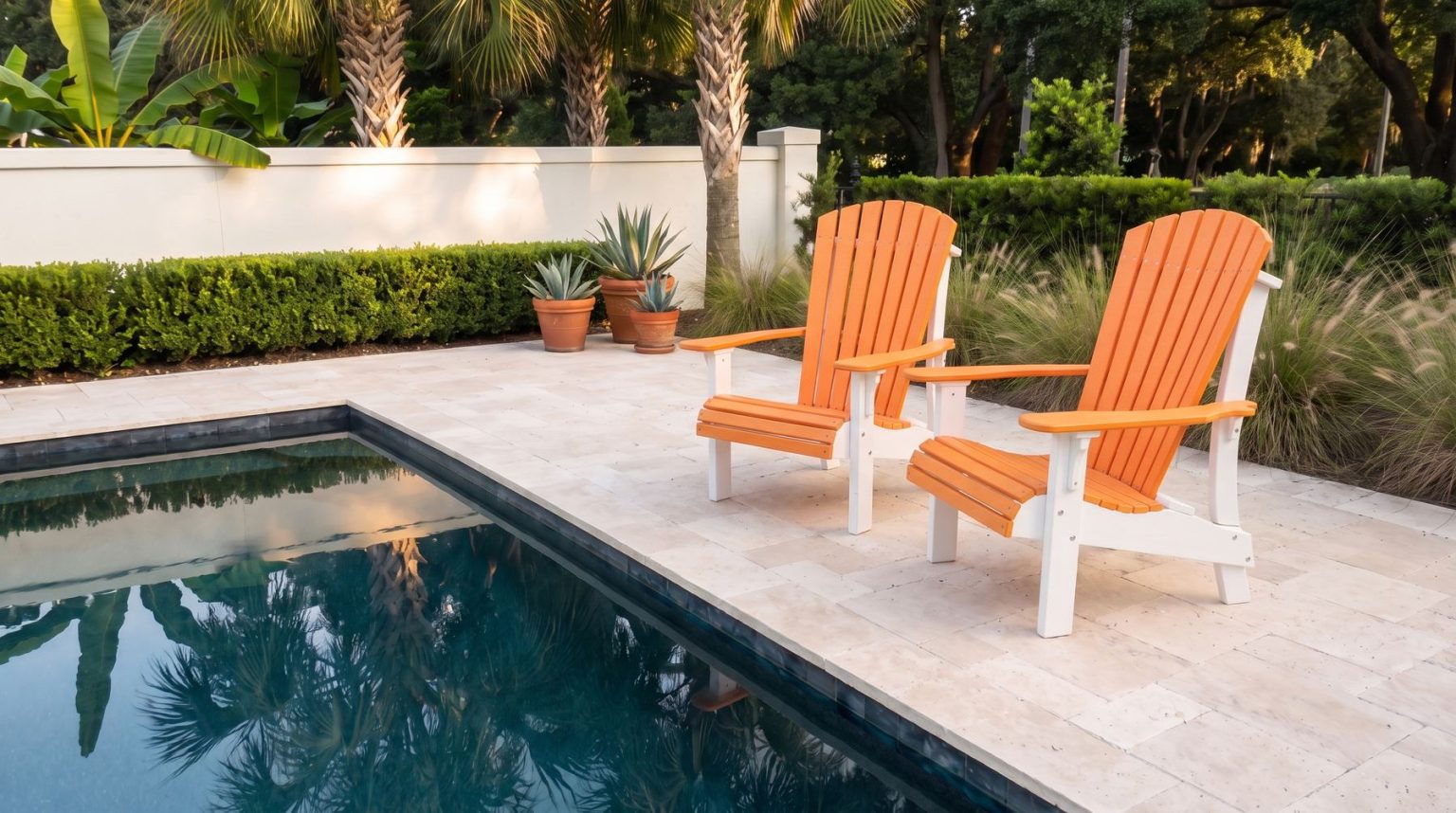 Two orange and white poly Adirondack chairs beside a Charleston pool
