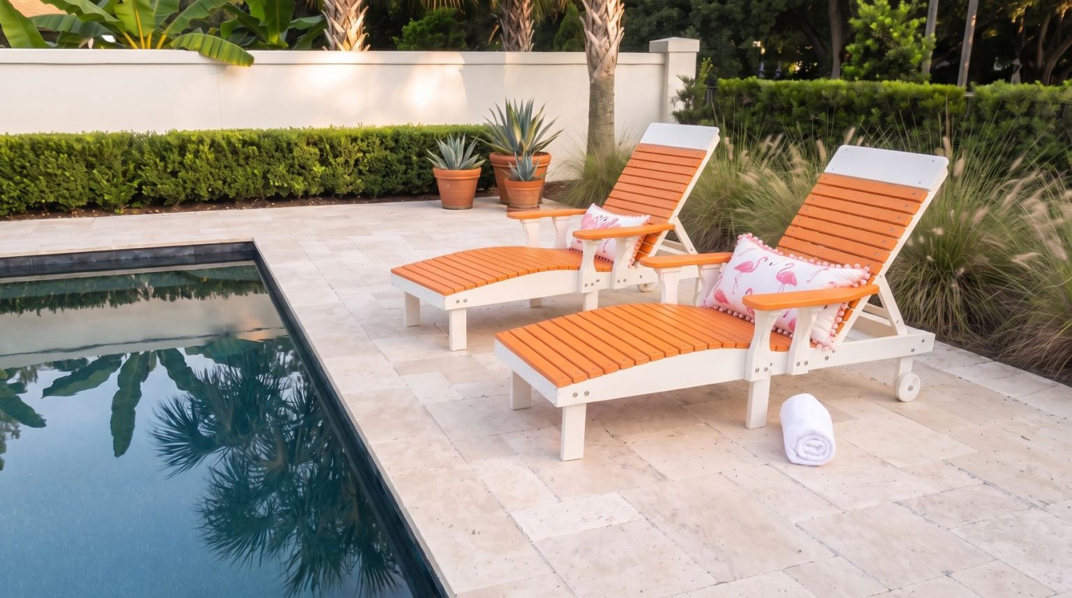A pair of orange and white poly chaise lounges on a travertine pool deck