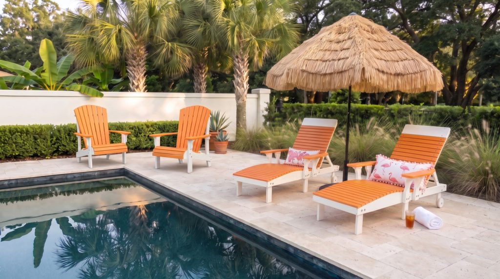 Poolside scene with two poly Adirondack chairs, two chaise lounges and a thatched umbrella in Tangerine on White