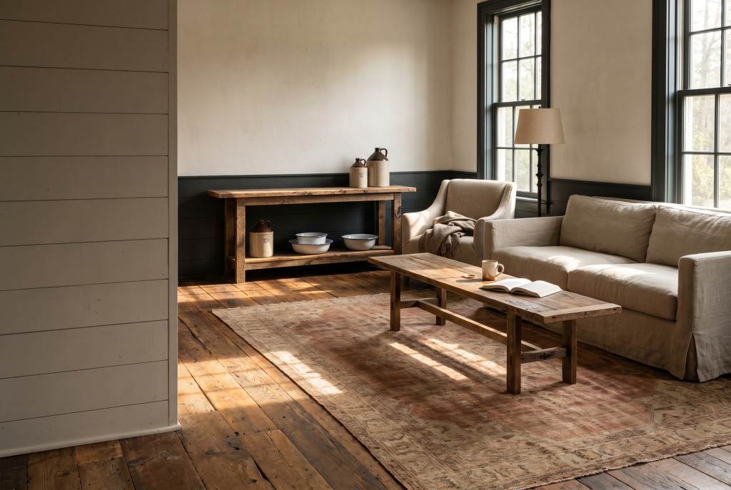 A living room in reclaimed barnwood: a hand-planed coffee table and console with their nail holes and saw marks left visible, on wide worn plank floors.
