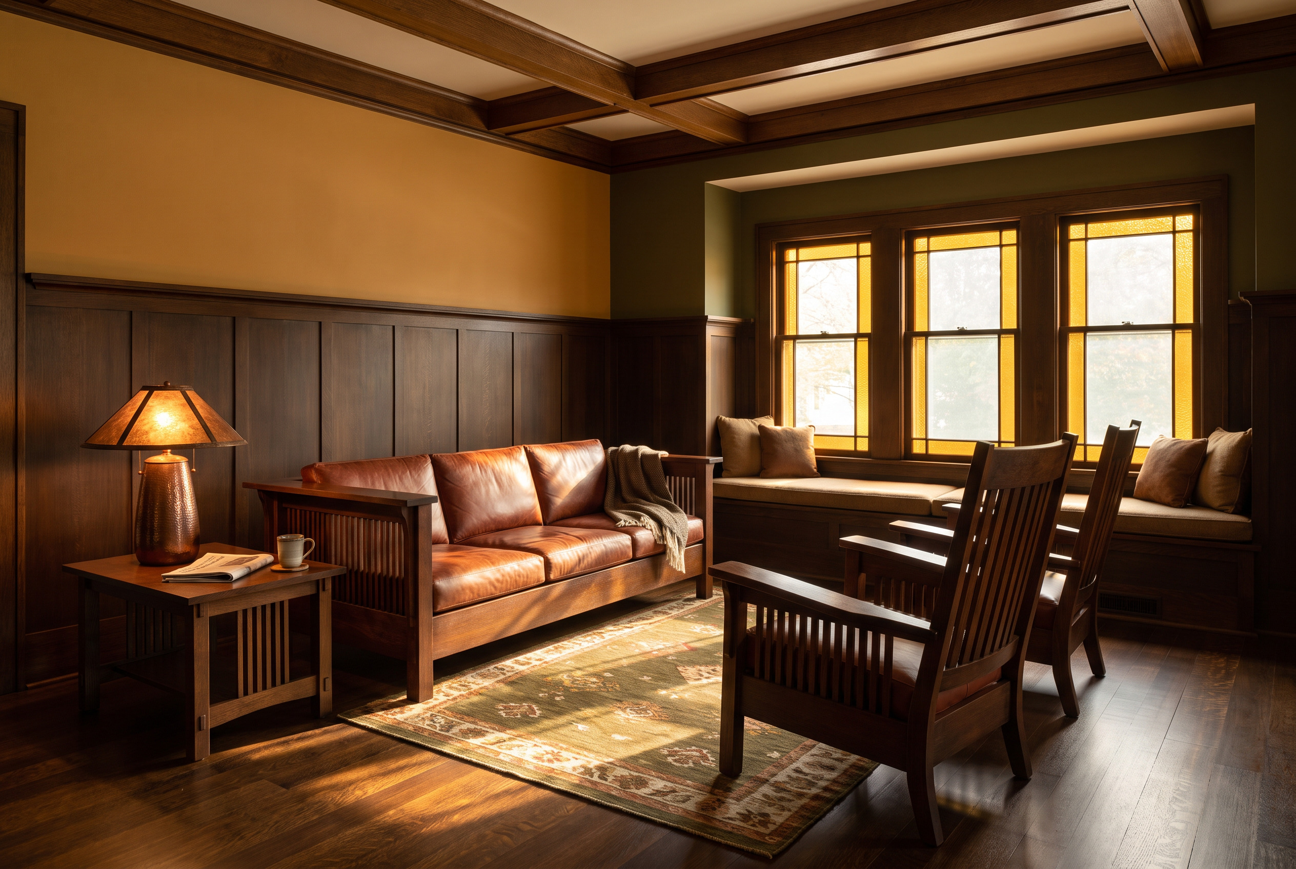 A Mission living room in quarter-sawn white oak with through-tenons and pegs, russet leather cushions and amber art glass in the windows.