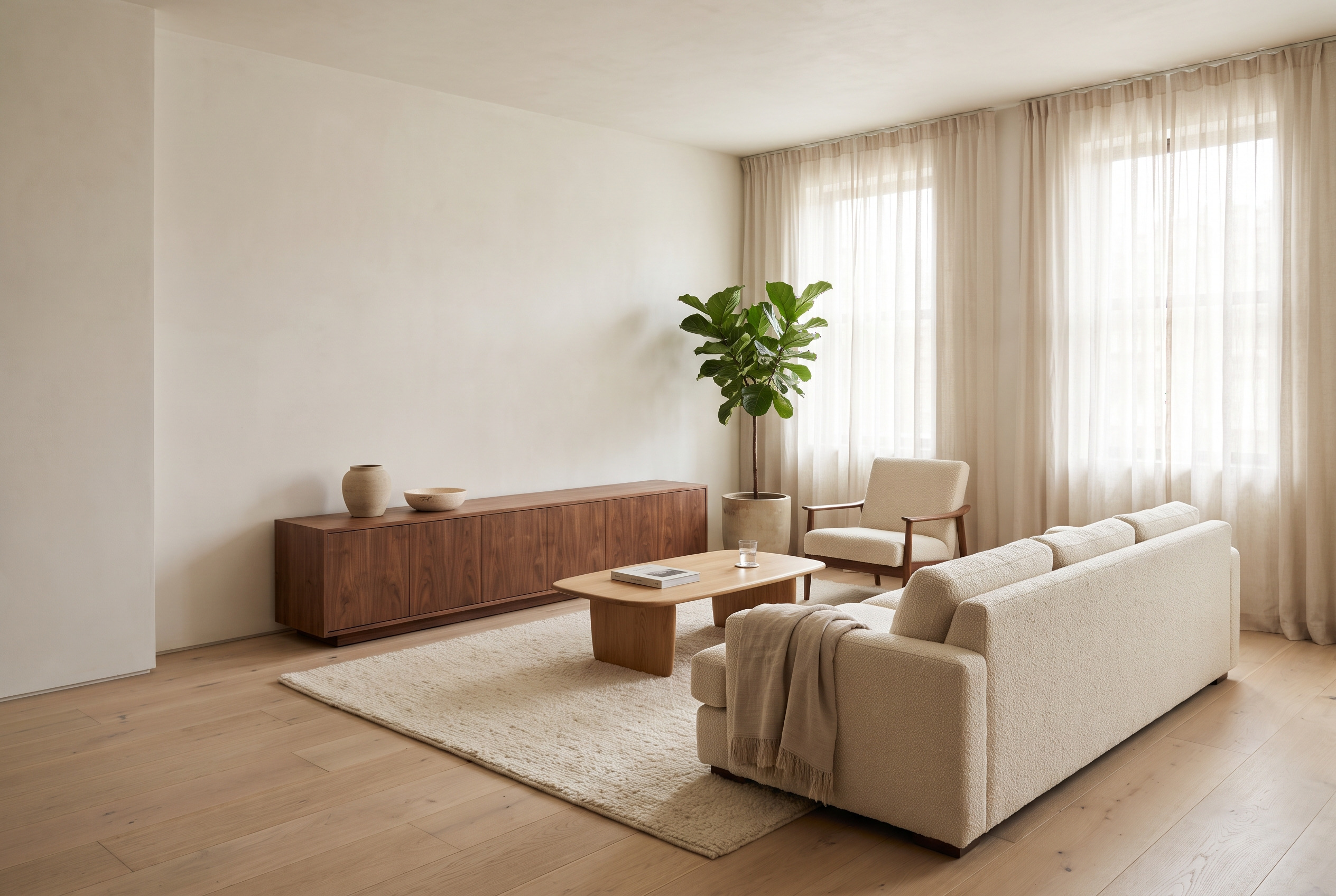 A Modern Organic living room: a low walnut console with concealed hardware, boucle seating and a travertine bowl in diffuse daylight.
