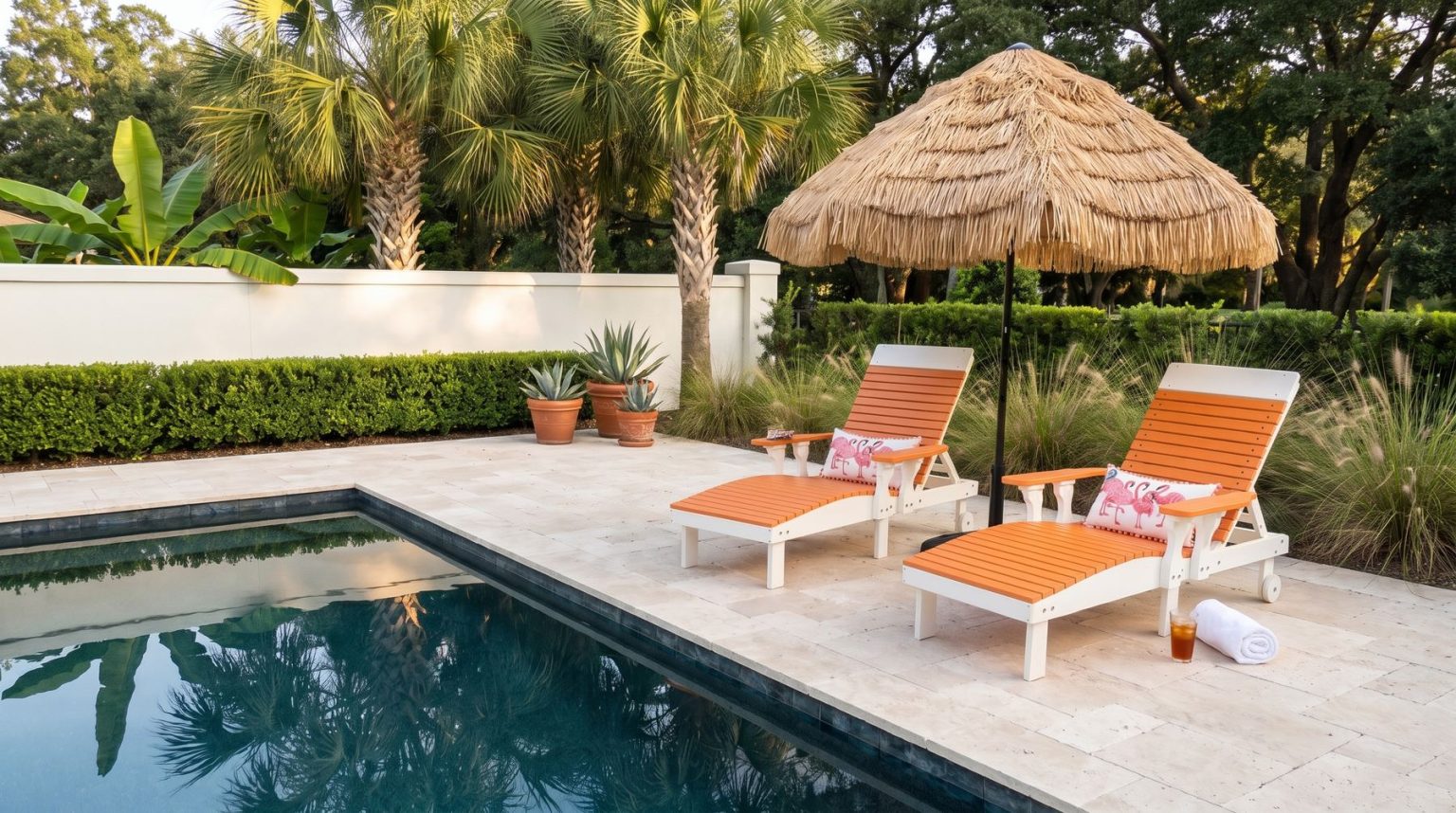 Two poly chaise lounges under a thatched market umbrella beside the pool
