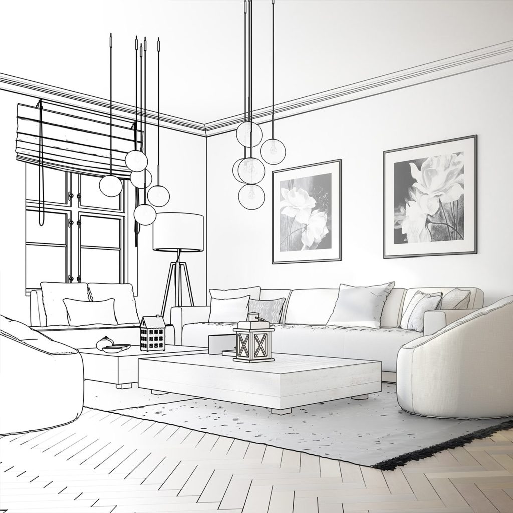 A hand-drawn sketch of a living room layout