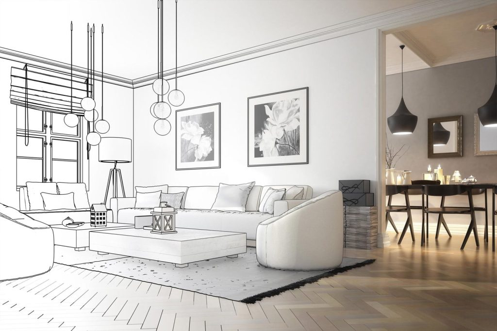 A hand-drawn design sketch of a sectional and chairs