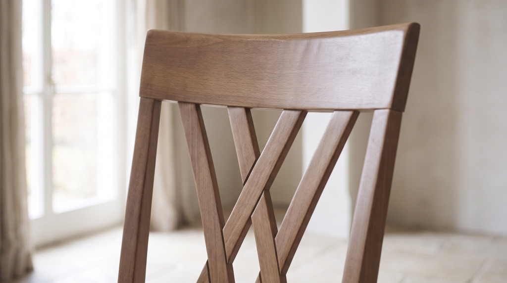 A close view of a chair back with two slats crossing in an X inside the frame under a shaped crest rail