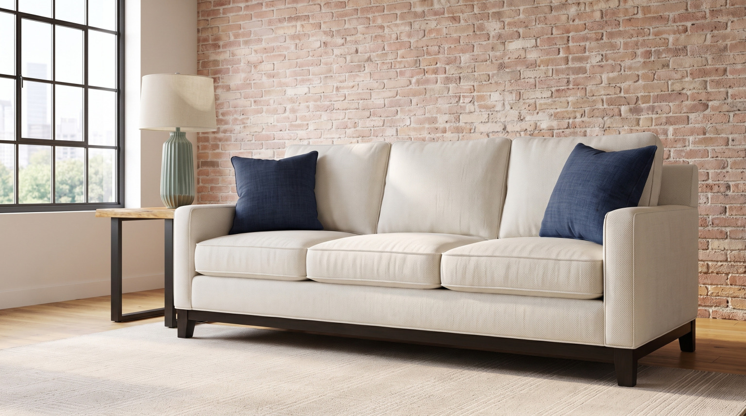 An ivory track-arm sofa on a dark ebony plinth base with two navy pillows, against a whitewashed brick wall