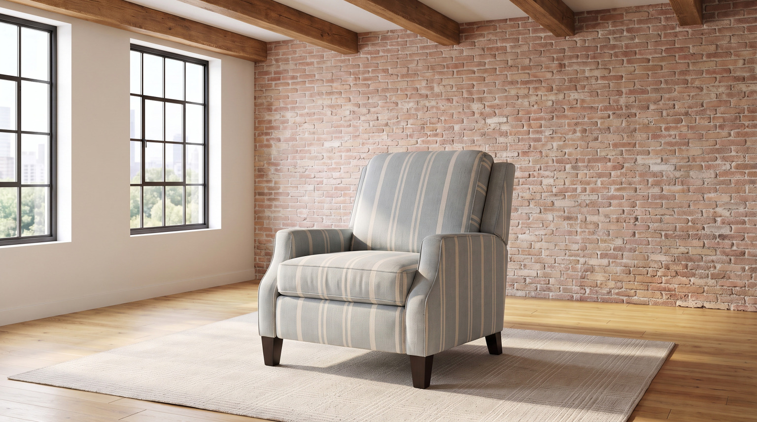 A pressback reclining chair in a gray and ivory ticking stripe with dark tapered legs