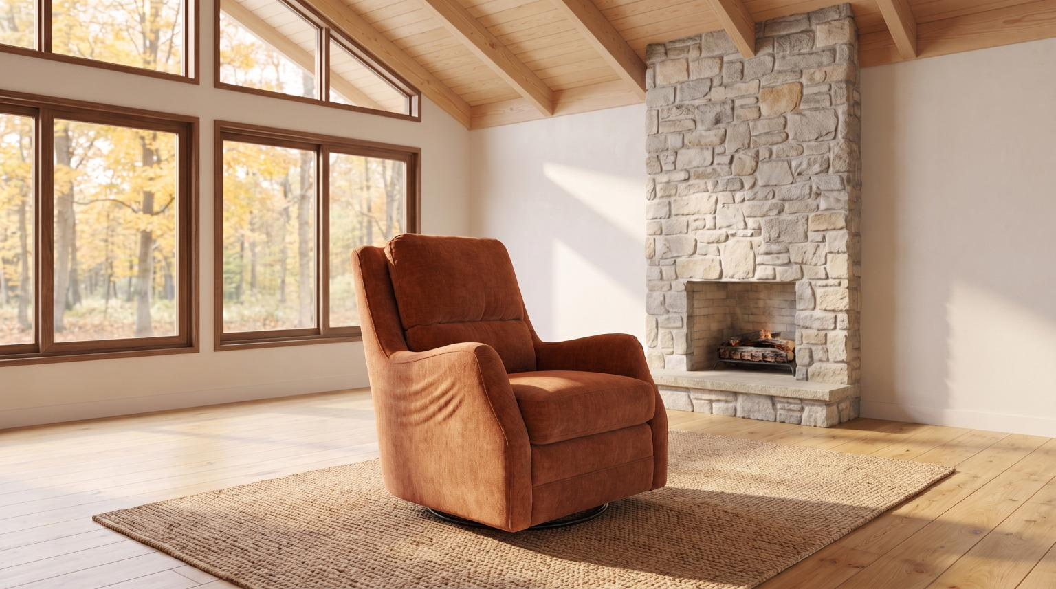 A rust upholstered swivel glider with a shaped back, on a jute rug in front of a stone fireplace