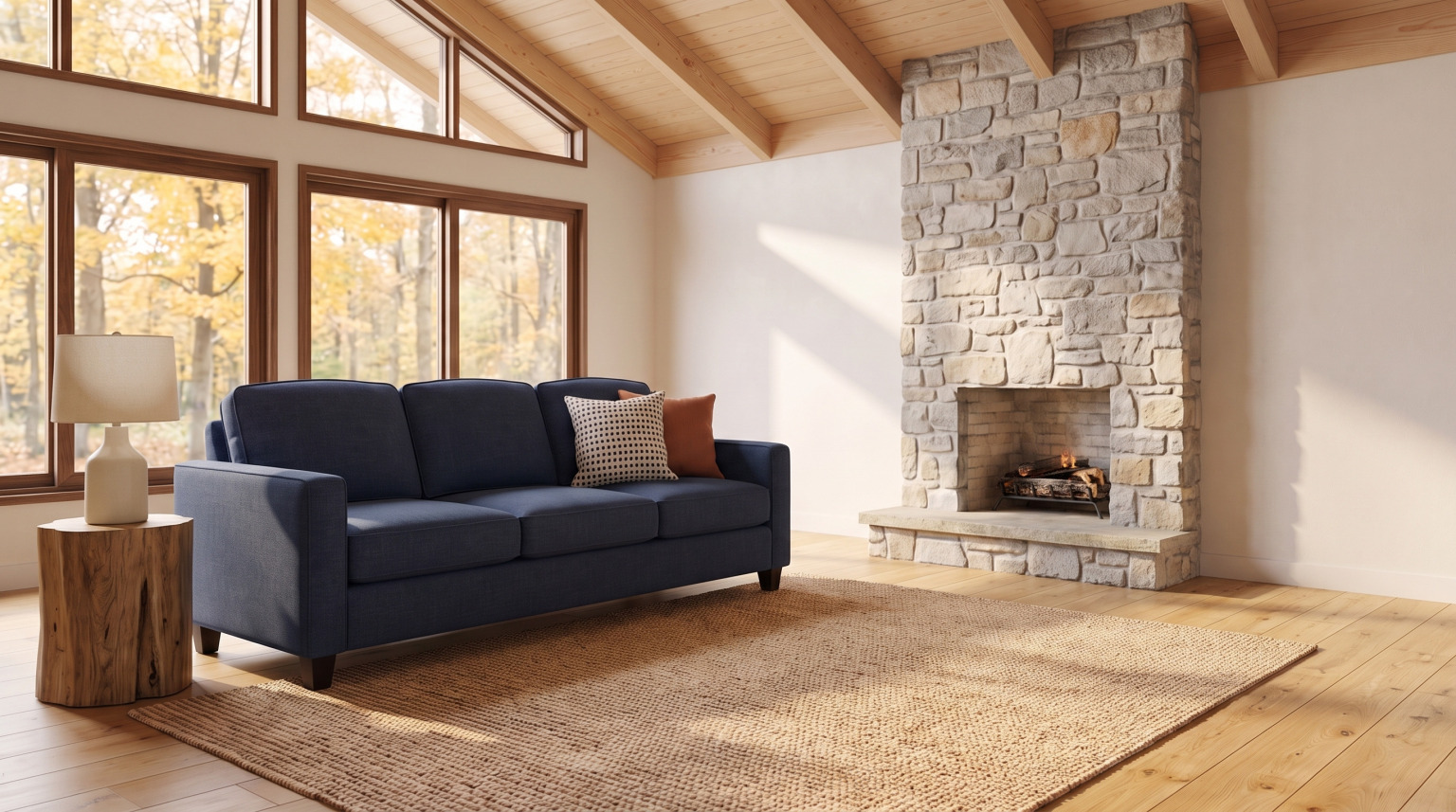 A navy sofa with a squared track arm and tight back on low dark legs, with rust and plaid pillows