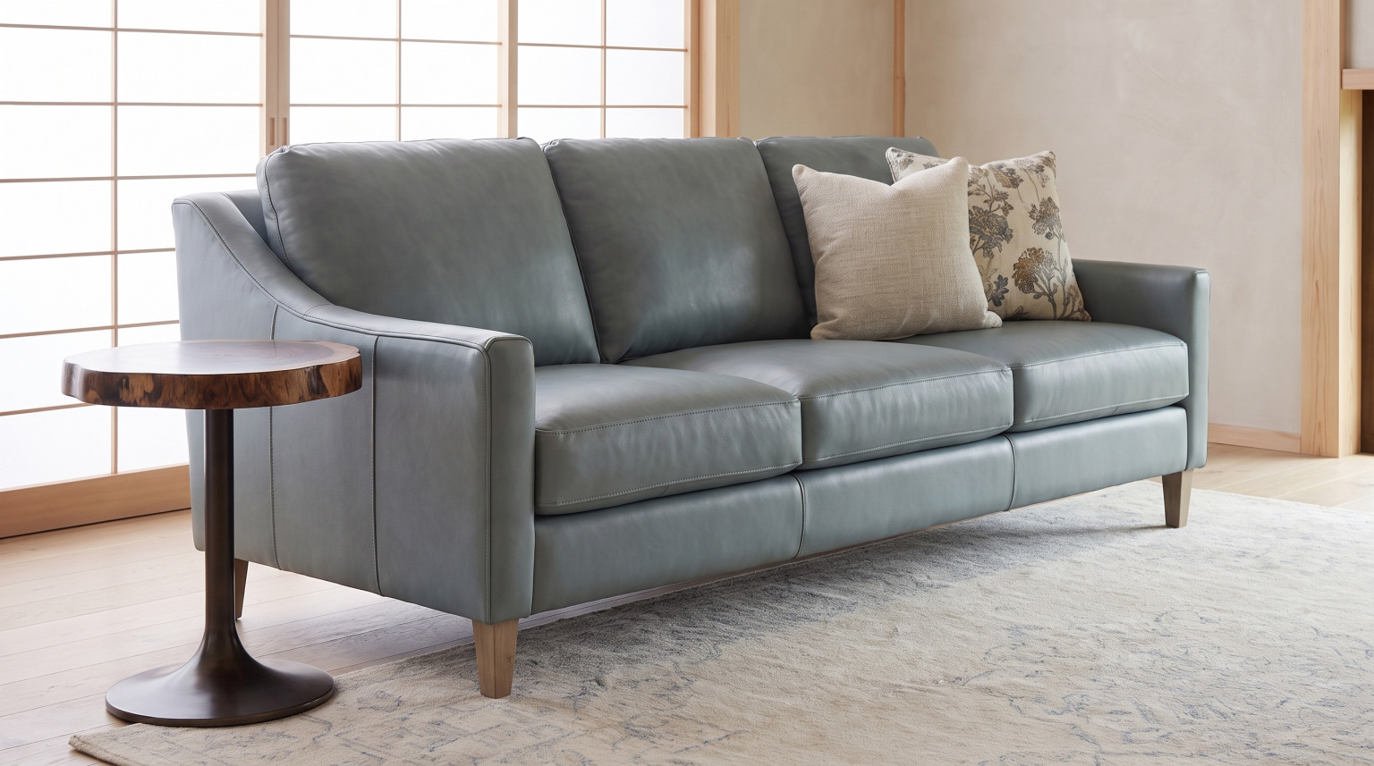 A gray-green leather sofa with a round live-edge walnut side table on a turned pedestal beside it