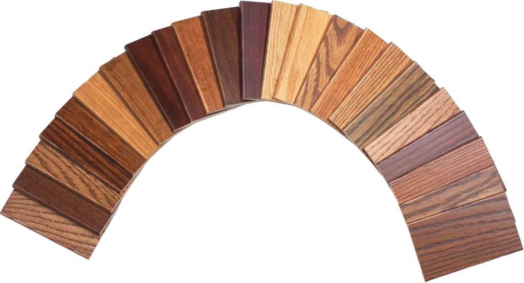 Fan of Amish hardwood stain and finish samples, shown without a background