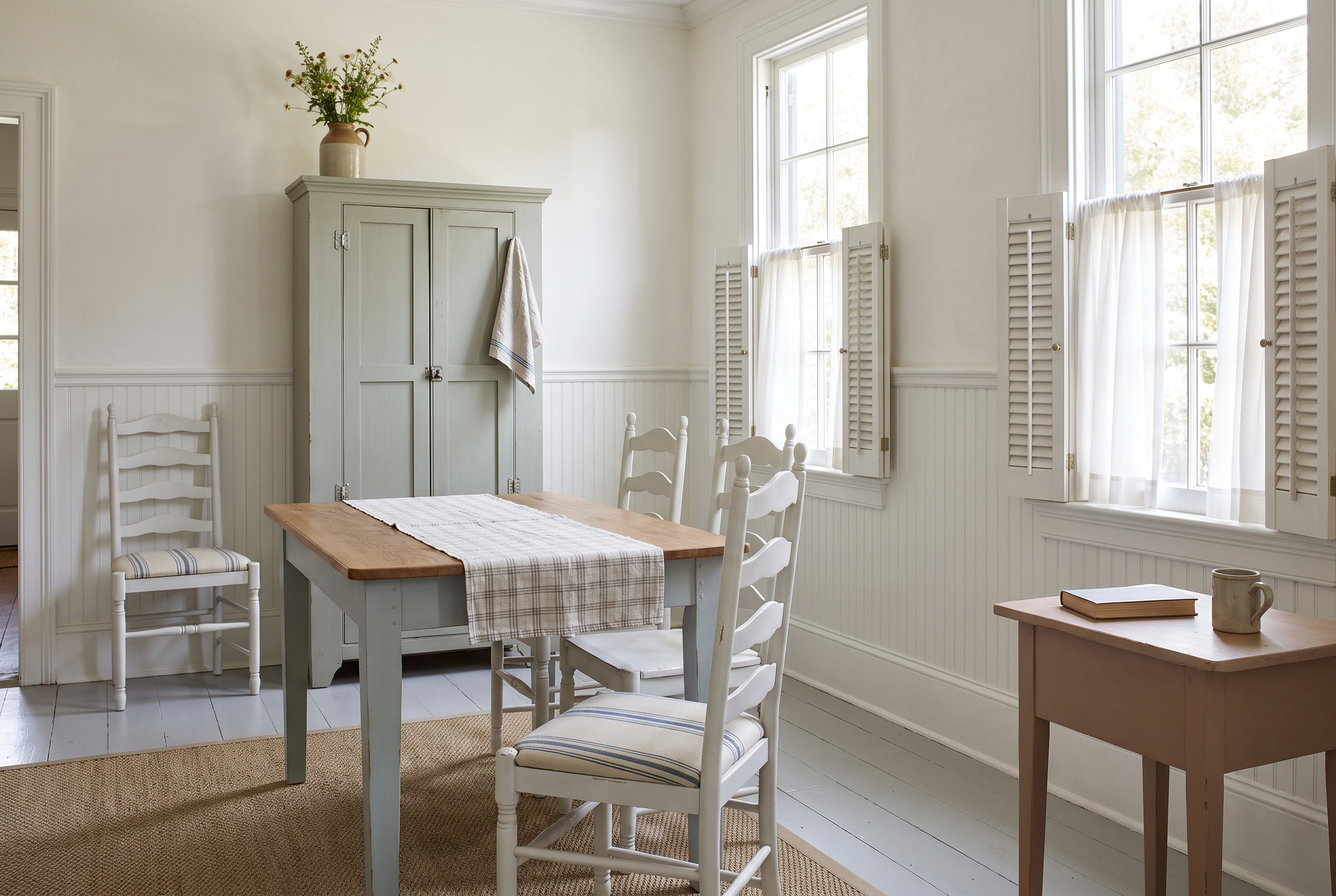 A Classic Painted cottage room: a sage painted cupboard, dove ladder-back chairs with ticking seats and a painted table with a natural oiled top, against beadboard.