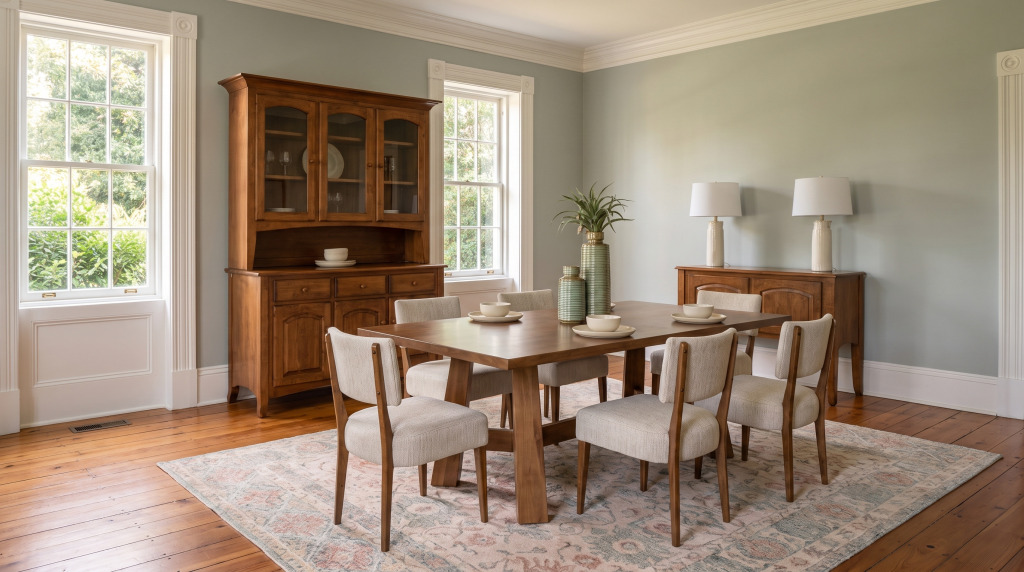 A sage green dining room with a brown maple table and upholstered chairs, a glazed hutch and a server, all in a warm Tawney finish