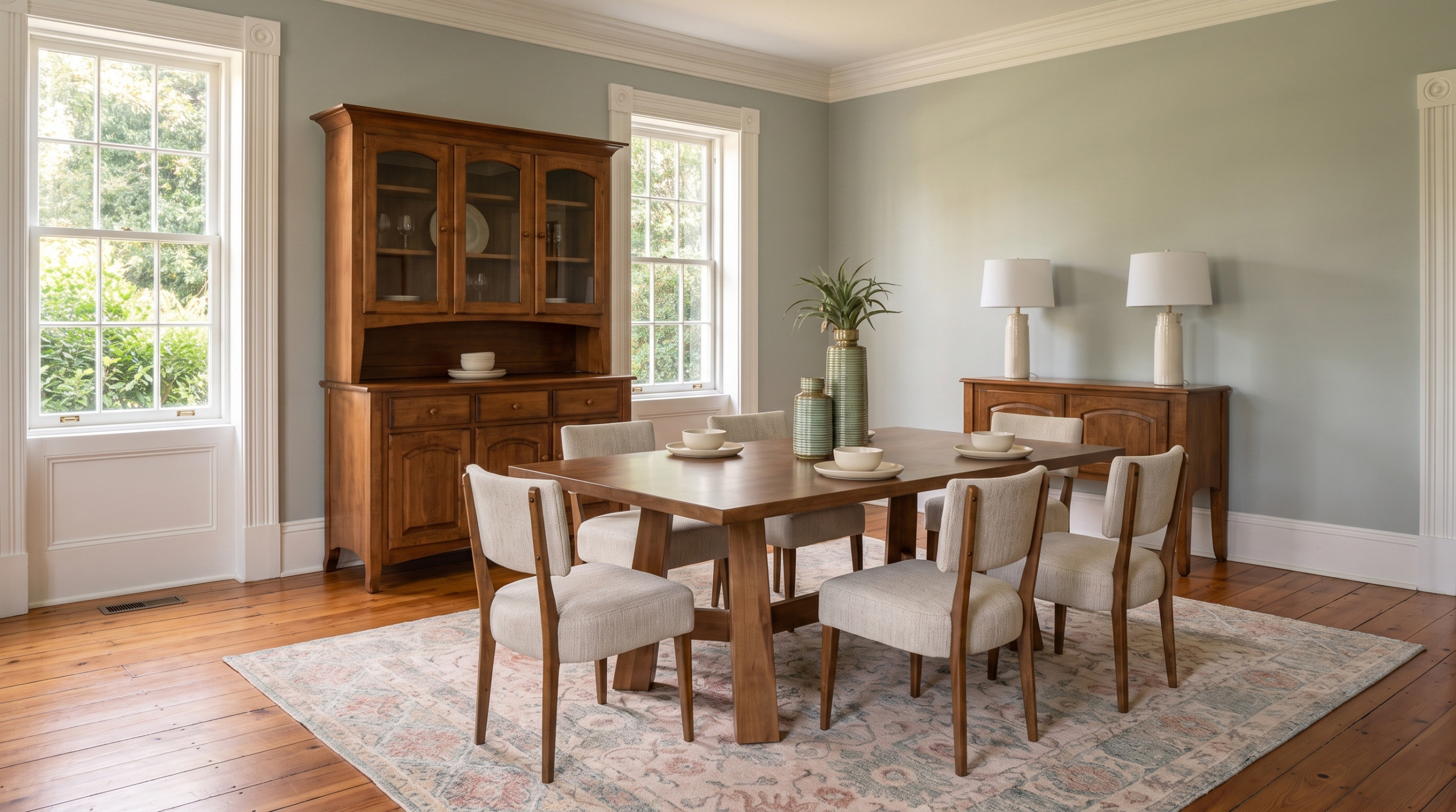 A sage green dining room with a brown maple table and upholstered chairs, a glazed hutch and a server, all in a warm Tawney finish