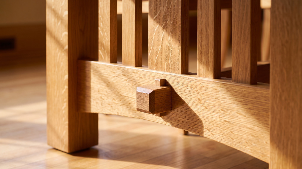 A close view of a through-tenon passing clean through the trestle stretcher and pegged on the far side