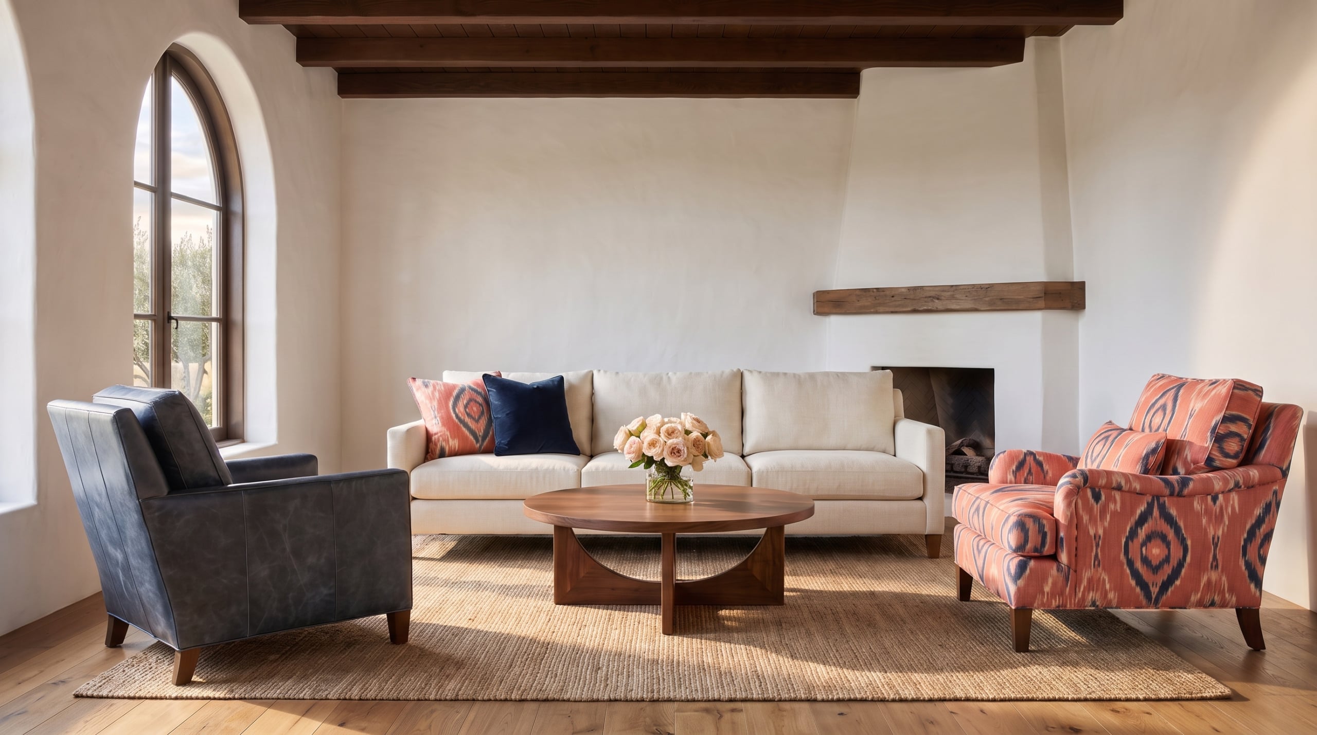 The full seating group seen across the room, with the plaster fireplace and timber mantel behind it