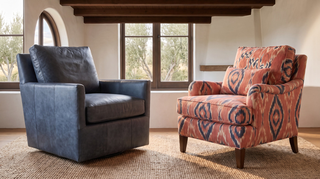 A navy distressed leather club chair beside a coral ikat upholstered chair in front of arched windows