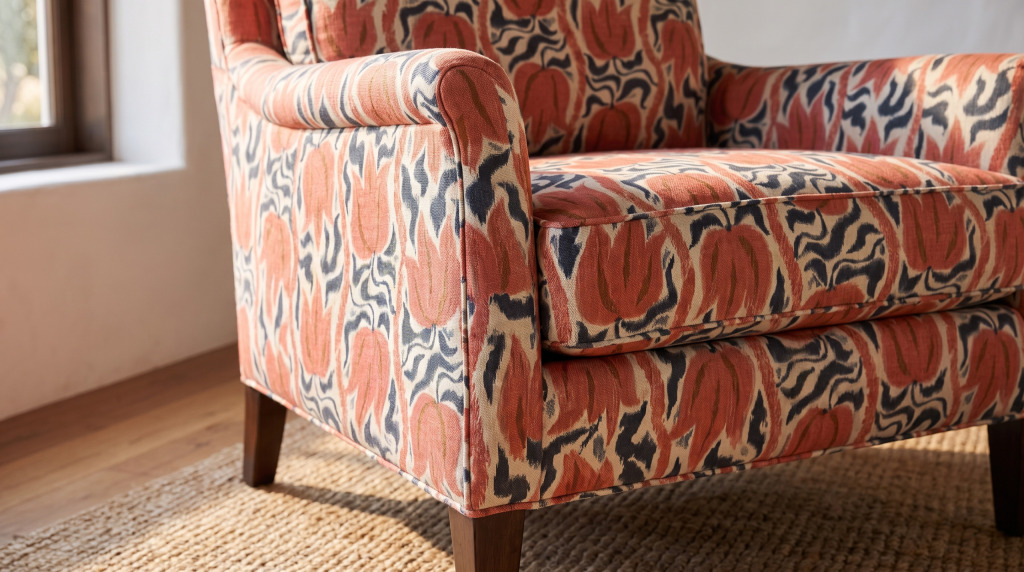 Close-up of a coral and navy ikat pattern across the arm and back of an upholstered chair