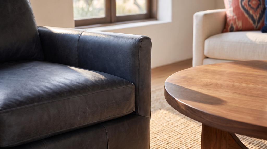The arm of a navy distressed leather chair beside the edge of a round walnut coffee table