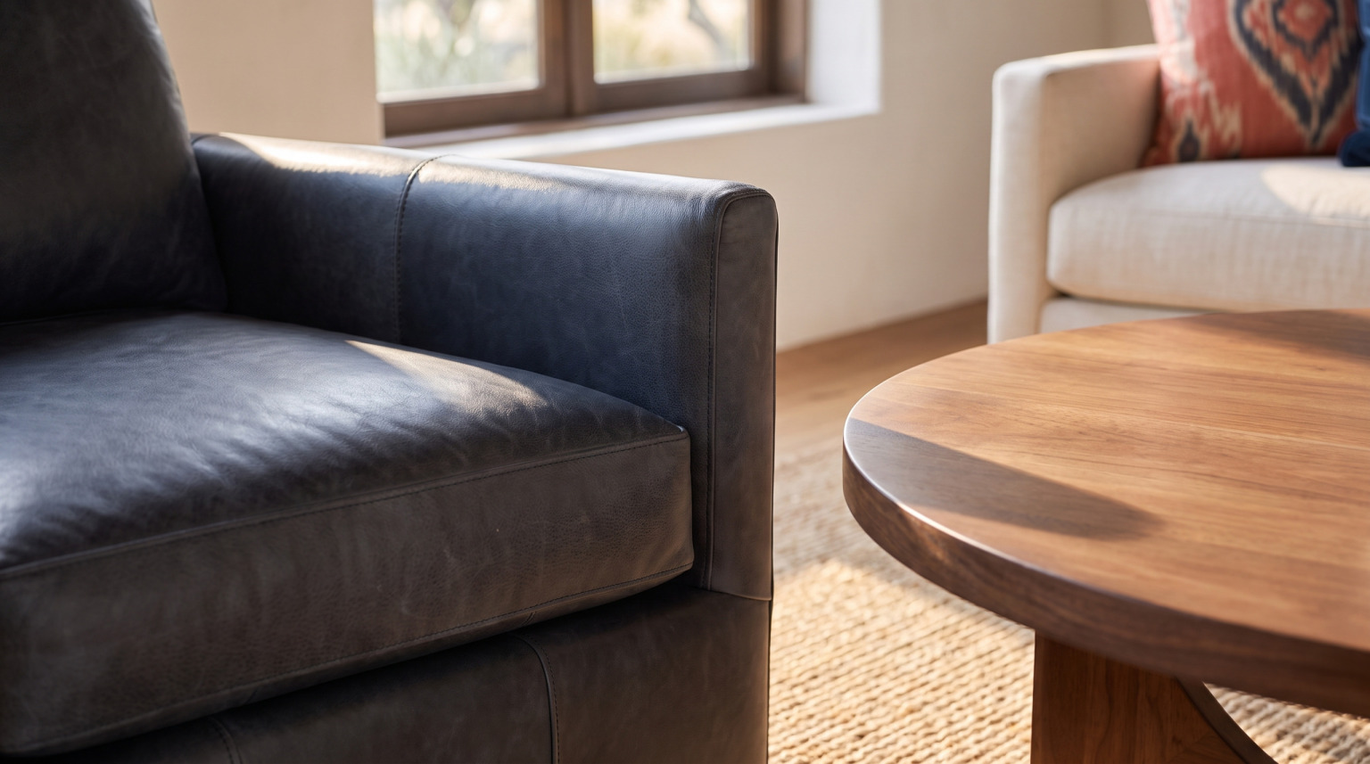 The arm of a navy distressed leather chair beside the edge of a round walnut coffee table