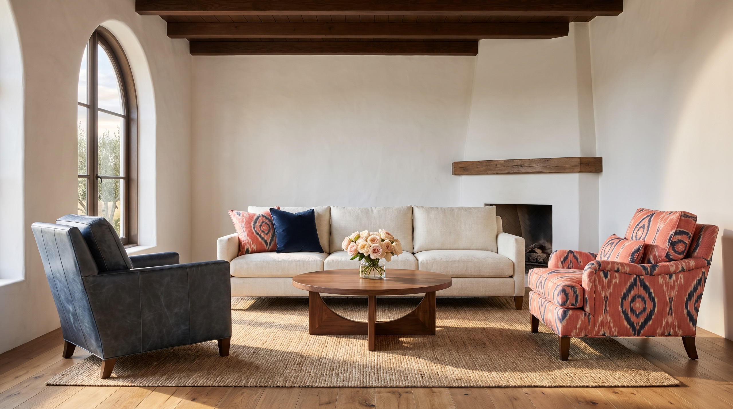 A cream sofa, navy leather club chair and coral ikat chair around a round walnut table in a white plaster room with arched windows and dark beams