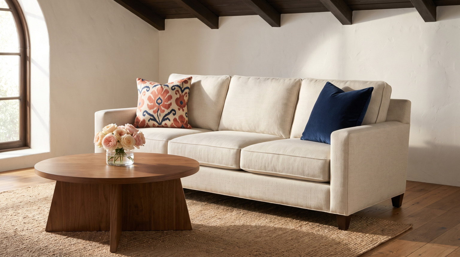 A cream sofa with navy and coral pillows behind a round walnut coffee table on a jute rug