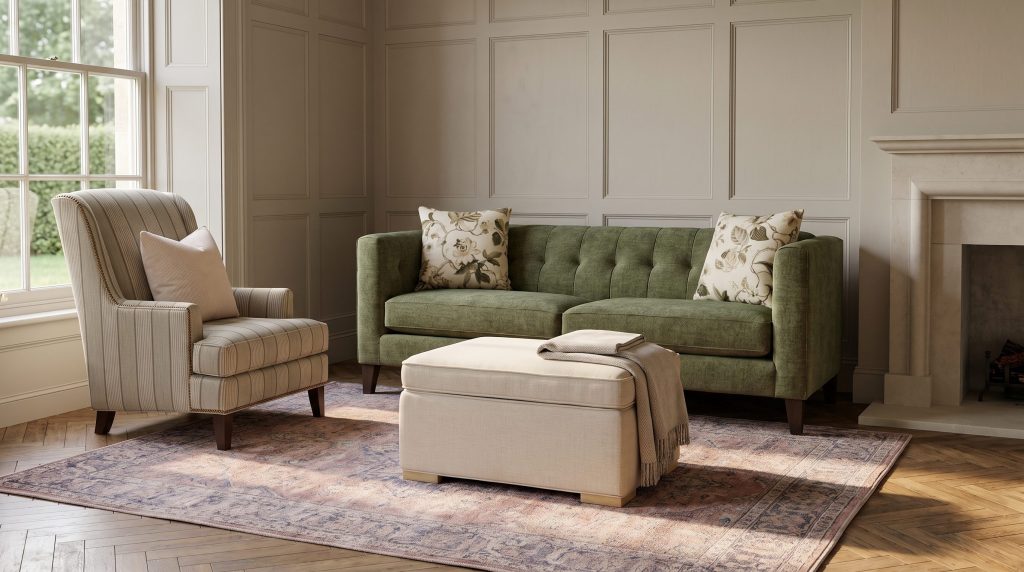 An olive green button-tufted sofa, two striped wingback chairs and a cream ottoman on an antique rug in a paneled room with a fireplace
