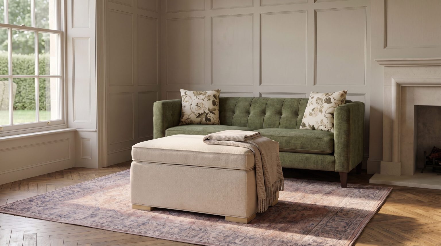 A large cream upholstered ottoman with a tray in front of the olive tufted sofa